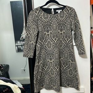 London Style Collection Womens Knit Dress Sz 2P Beige Black Half Sleeve Textured